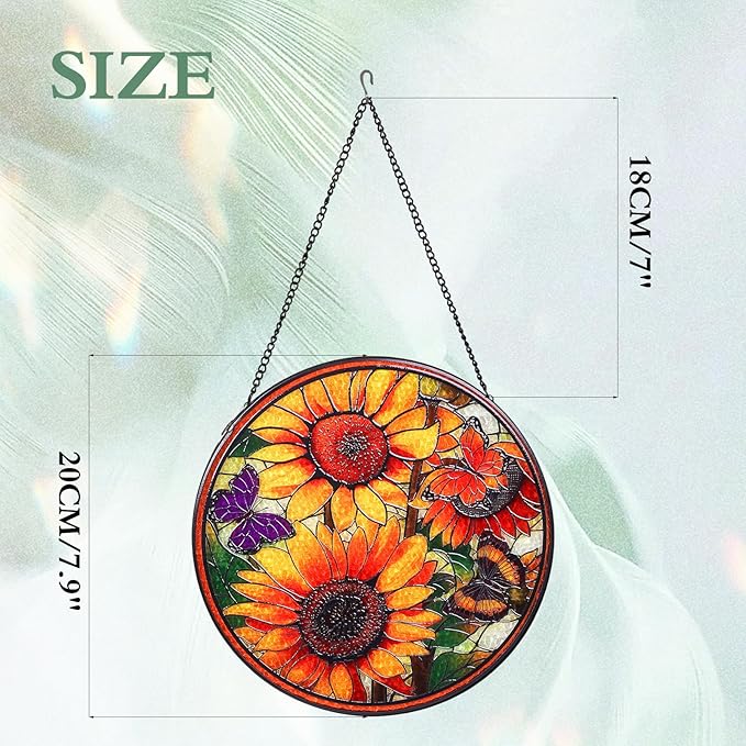 Sunflowers Stained Glass Window Hanging Suncatcher with Chain - 7.9" Outdoor/Indoor Art Decor for Home Garden, Wedding, Thanksgiving, Mother's, Valentine's & Christmas Ornaments Present