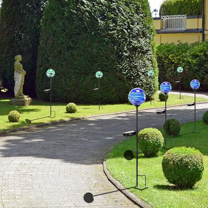 Solar Outdoor Decorative Lights Color Swirl Solar Garden Stake Glaze Glass LED Garden Globe Lights Outdoor Decorative Light for Pathway Yard Lawn Decoration 2 Pack Blue&Green