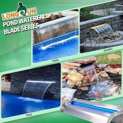 with lid Waterfall Pool Fountain, LONGRUN Stainless Steel Waterfall Spillway for Pools and Ponds - 23.6" Wide Decorative Water Feature for Swimming Pools, Koi Ponds and Garden