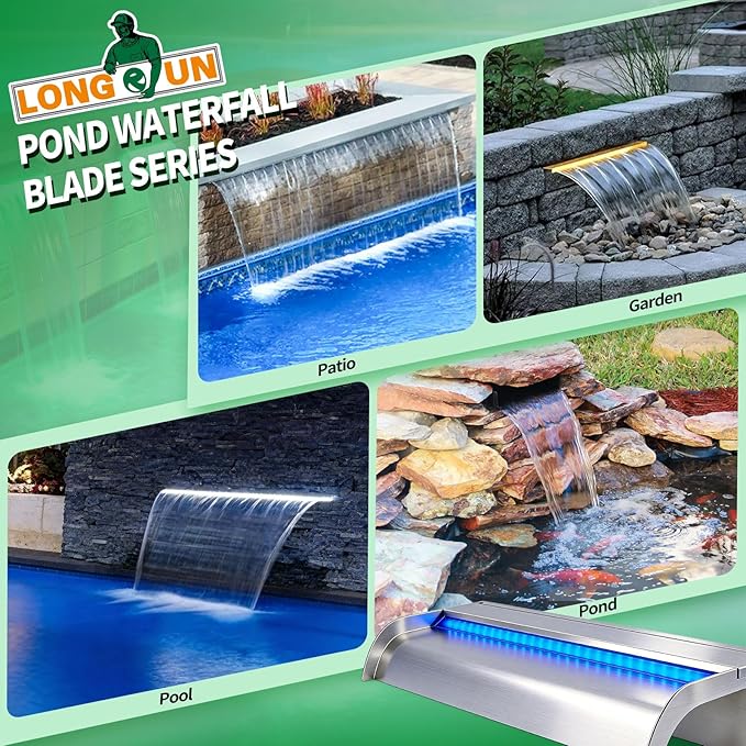 with lid Waterfall Pool Fountain, LONGRUN Stainless Steel Waterfall Spillway for Pools and Ponds - 35.4" Wide Decorative Water Feature for Swimming Pools, Koi Ponds and Garden