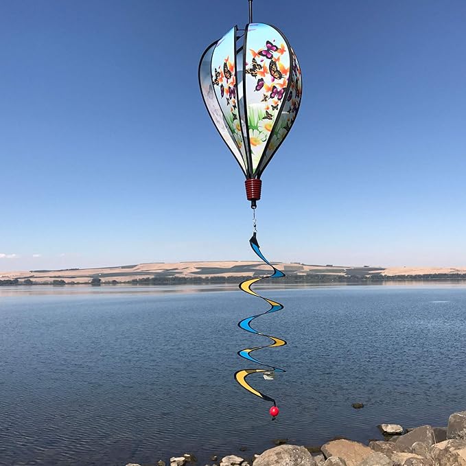 In the Breeze Butterfly Swarm 6-Panel Kinetic Hot Air Balloon Wind Spinner,11" W x 17" H, 26" Tail,1052