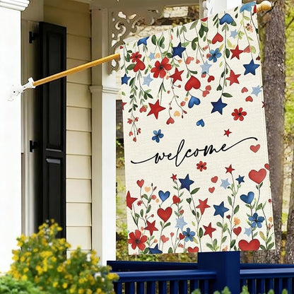 Baccessor Patriotic 4th of July House Flag 28x40 Inch Double Sided Burlap,Memorial Day Welcome American Red and Blue Flower Large Flag Summer Holiday Porch Patio Seasonal Outdoor Outside Decoration