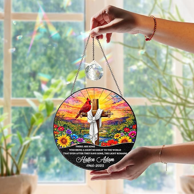Personalized Cardinal Cross Memorial Stained Glass Suncatcher Christian Sympathy Sun Catcher for Mom Grandparent Religious Catholic Gift Window Hanging Decor Remembrance Day for Loss of Loved One
