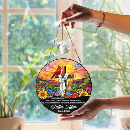 Personalized Cardinal Cross Memorial Stained Glass Suncatcher Christian Sympathy Sun Catcher for Mom Grandparent Religious Catholic Gift Window Hanging Decor Remembrance Day for Loss of Loved One