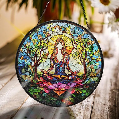 Bimkole Relaxing Woman Stained Glass Suncatcher Window Hanging - Yoga Design for Indoor Window or Doorway Decoration - 7.87x7.87 inch with Chain and Hook - Unique Home Decor Gift