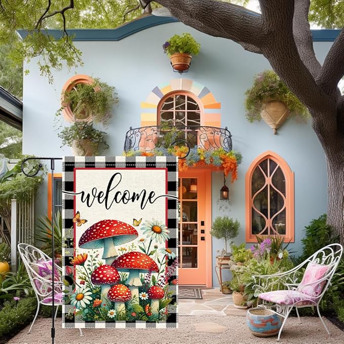 Welcome Mushrooms Garden Flag 12x18 Inch Burlap Double Sided, Buffalo Plaid Flowers Butterfly Colorful Floral Small Home Yard Outdoor Lawn Decor Rustic Farmhouse Flags Decorations