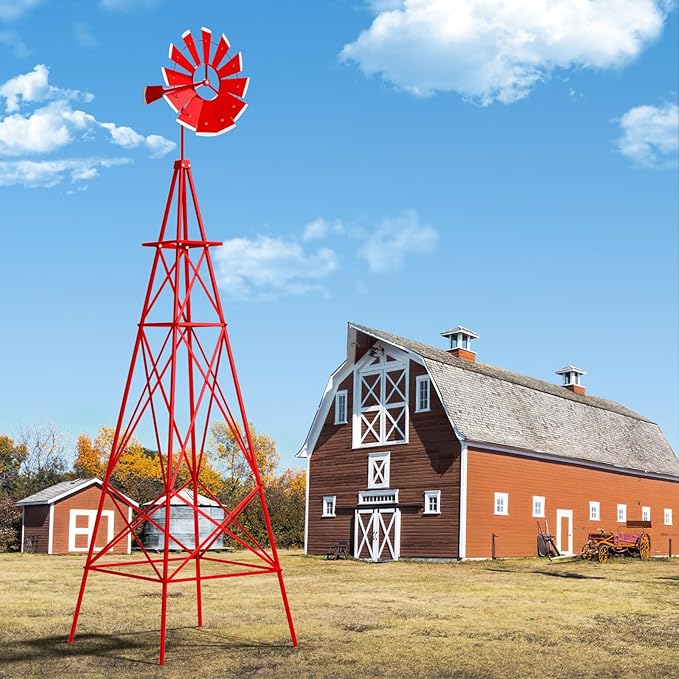 DREAMADE 8ft Steel Windmill, Farmhouse Windmill Decoration with Directional Vane, 4 Anchoring Stakes & Reinforced Base, Weather-Ready Garden Spinner for Backyard, Garden, Patios, Rural Areas (Red)