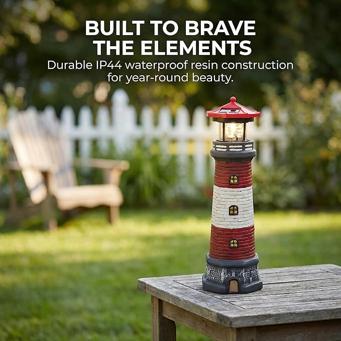 Solar Lighthouse Outdoor Statues, 360° Rotating Beacon Garden Lighthouse, 15" Light House for Outside Garden Yard Decor, Waterproof Resin Nautical Figurines for Patio Lawn Landscape Lighting (Red)