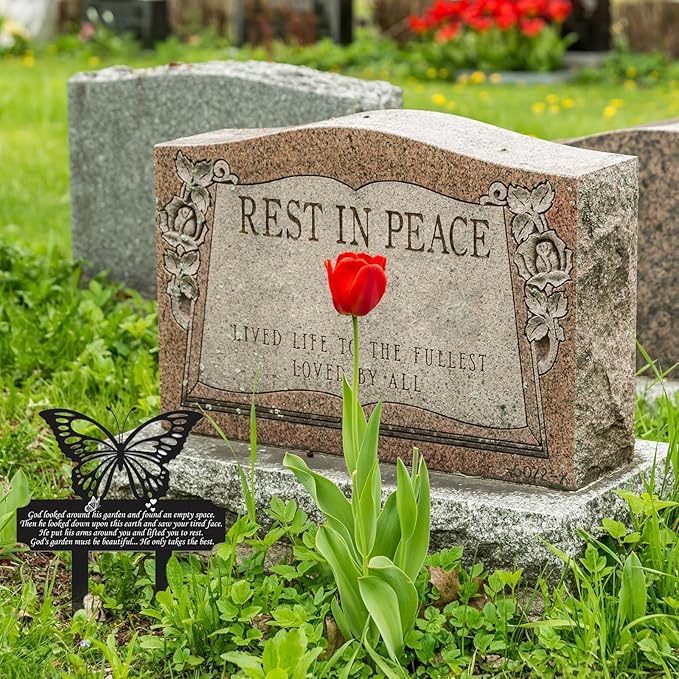 Buryeah Grave Decoration for Cemetery Butterfly Memorial Stake Headstone for Grave Memorial Garden Decor Waterproof Double Sided Print Metal Cemetery Marker, 13.19 x 11.81 Inches(Classic Style)