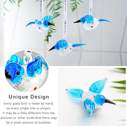 Blown Glass Ornament - Hummingbird,3'' Art Glass Blue Bird Animal Collectable Decorative Hanging Suncatcher for Christmas Tree Window Garden Ornaments