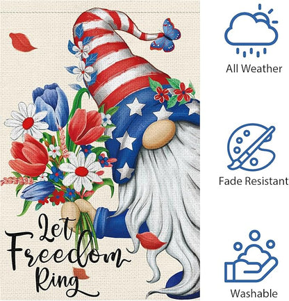 Let Freedom Ring Garden Flag 12x18 Inch Double Sided Burlap, 4th of July Gnome Garden Flags Patriotic Memorial Day Flower Yard Flag for Independence Day Outdoor Decor (ONLY FLAG)