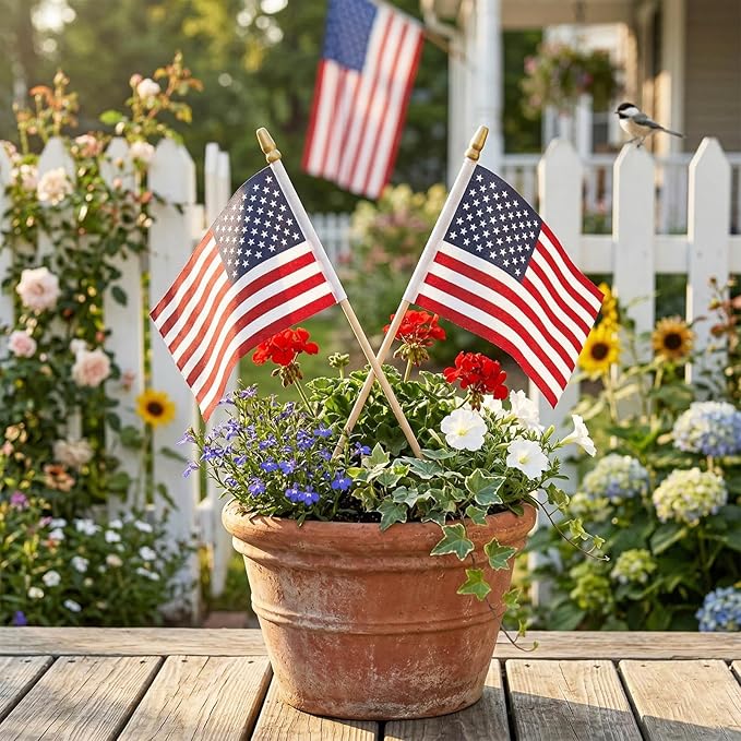 TOPFLAGS 4x6 Small American Flag on Stick 12 Pack Mini US Flags 4x6 Inch Kid-Safe Spear Top Pole for Outside 4th of July Memorial Day USA 250th Anniversary Patriotic Decorations
