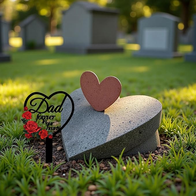 AIM & GGKK Memorial Stake for Dad - Metal Heart Grave Marker with Red Roses, Memorial Plaque Cemetery Decor for Grave, Garden, Gravesite