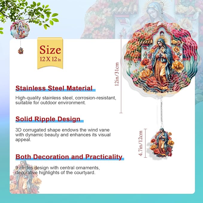 Rngmsi Lady of Guadalupe Wind Spinners Outdoor Garden, 12 X 12 Inches Catholic 3D Metal Wind Spinner Decor Outside, Stainless Steel Guadalupe Ornaments Hanging Gift