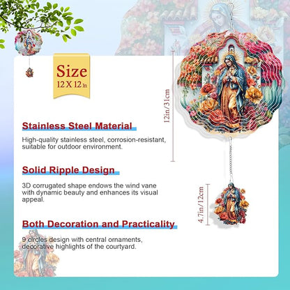 Rngmsi Lady of Guadalupe Wind Spinners Outdoor Garden, 12 X 12 Inches Catholic 3D Metal Wind Spinner Decor Outside, Stainless Steel Guadalupe Ornaments Hanging Gift