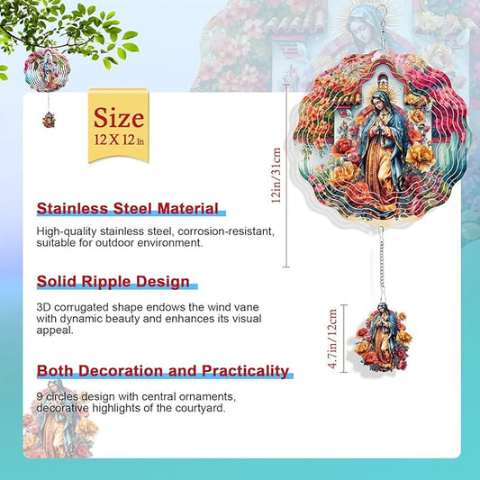 Rngmsi Lady of Guadalupe Wind Spinners Outdoor Garden, 12 X 12 Inches Catholic 3D Metal Wind Spinner Decor Outside, Stainless Steel Guadalupe Ornaments Hanging Gift