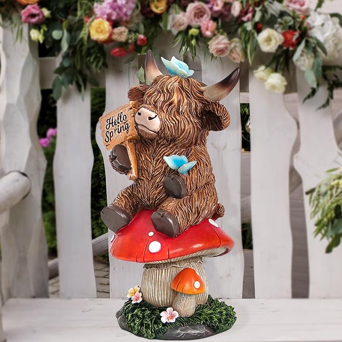 Smadeer Highland Cow Garden Statue with Solar Butterfly Lights, Spring Outdoor Highland Cow on Mushroom Butterfly Decoration for Yard, Patio, Lawn, Cows Figurine Housewarming Gift for Women, Mom