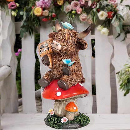 Smadeer Highland Cow Garden Statue with Solar Butterfly Lights, Spring Outdoor Highland Cow on Mushroom Butterfly Decoration for Yard, Patio, Lawn, Cows Figurine Housewarming Gift for Women, Mom