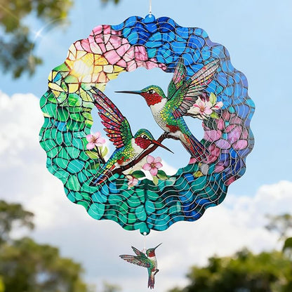Hummingbird Wind Spinner for Easter Day Gift,Laser-Cut 12 Inch Stainless Steel Outdoor Garden Spring Decor, 3D Kinetic Window Hanging Sculpture Yard Art for Patio Women, Mom & Dad