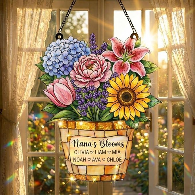 Personalized Suncatcher for Grandma, Custom Family Acrylic Suncatcher, Personalized Faux Stained Glass, Colorful Window Decor, Gift for Mom, Grandma, Mother's Day, Birthdays