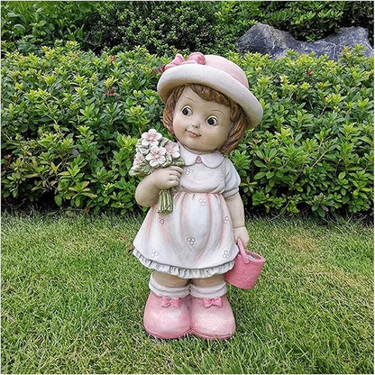 Garden Statue Animal Sculpture Outdoor Decor Gift Outdoor Courtyard Garden Little Girl Sculpture Decoration, Grass Garden Landscape Kid Sculpture Resin Decoration Crafts Gift(C)