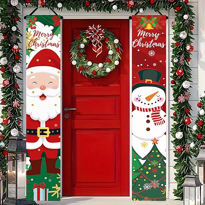 BlissYard Christmas Porch Banner Set 78×12 Inch Santa and Snowman Door Banner Xmas Hanging Sign Outdoor Christmas Decorations Xmas Front Door Welcome Banner Winter Yard Wall Decor for Home Garden Party Supplies