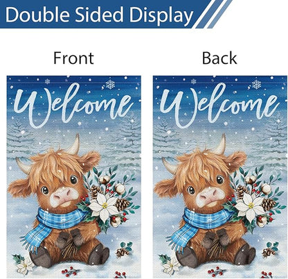 Heyfibro Welcome Winter Highland Cow Garden Flag 12x18 Inch Double Sided Burlap, Christmas Flower Pine Snowflake Snow Yard Flags for Seasonal Xmas Outside Outdoor Decoration (ONLY FLAG)