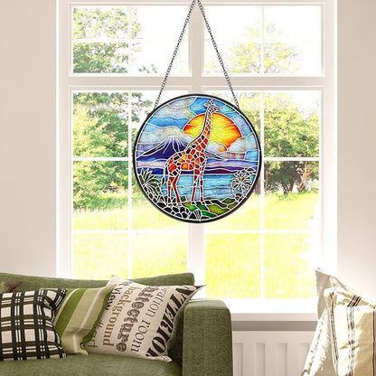 Giraffe Stained Glass Window Hanging Suncatcher with Chain - 7.9" Outdoor/Indoor Art Decor for Home Garden, Thanksgiving, Wedding, Mother's, Valentine's & Christmas Ornaments Present Gifts