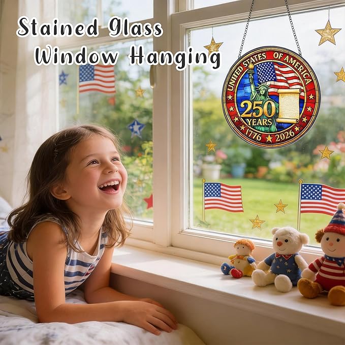 250th Anniversary USA Suncatcher - Patriotic Stained Glass Window Hanging for 4th of July Decorations - Vibrant Independence Day Decor for Home & Garden, Perfect 250 Anniversary USA Merchandise Gift