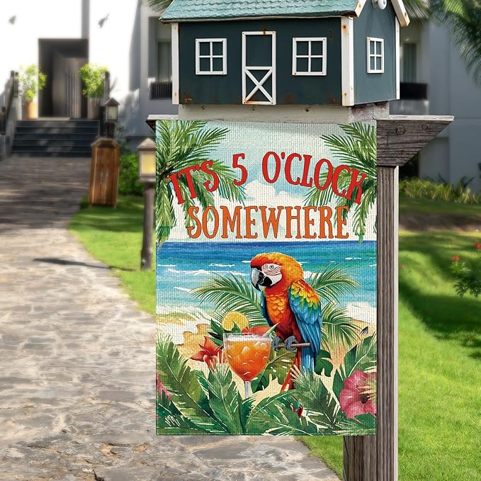 DLZDN Summer Parrot Bird Garden Flag It's 5 O'Clock Somewhere Garden Flag 12×18 Inch Double Side Vertical Burlap Farmhouse Yard Flag Summer Nautical Tropical Ocean Outdoor House Decoration