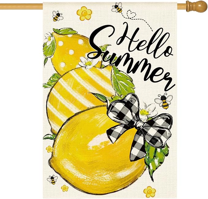 AVOIN colorlife Hello Summer House Flag 28x40 Inch Double Sided Outside, Lemon Bee Rustic Seasonal Yard Outdoor Flag