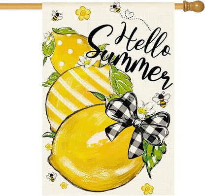 AVOIN colorlife Hello Summer House Flag 28x40 Inch Double Sided Outside, Lemon Bee Rustic Seasonal Yard Outdoor Flag