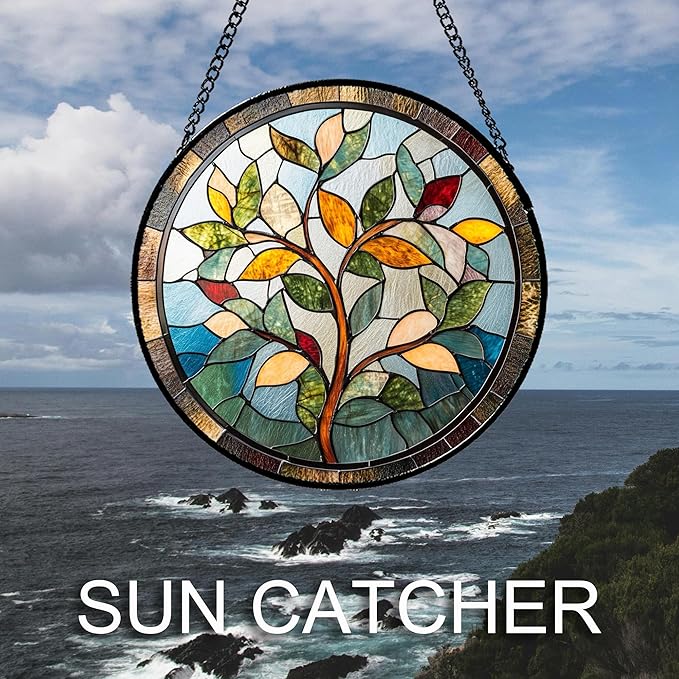 Stained Glass Window Hanging Colorful Tree of Life 6.3" - Plant Leaves Suncatcher Door Garden Sun Catcher Home Decor Birthday Christmas for Mom Men Woman Nana Friend