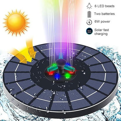 Generic Solar Fountain with RGB Lights, 23cm Glass Panel 1500mAh Rechargeable Battery 7 Nozzles 60cm Spray Height with 3 Suction Cups Color Changing LED for Bird Bath Pond Garden (6W Diameter 23CM)