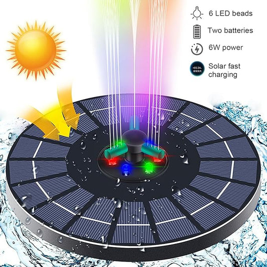 Generic Solar Fountain with RGB Lights, 23cm Glass Panel 1500mAh Rechargeable Battery 7 Nozzles 60cm Spray Height with 3 Suction Cups Color Changing LED for Bird Bath Pond Garden (6W Diameter 23CM)