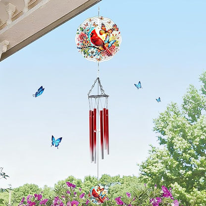 Cardinal Wind Chimes for Outside with 3D Butterfly Spinner, 28" Memorial Wind Chimes for Loss of Loved One, 6 Tuned Aluminum Tubes, Sympathy Gifts for Mom Grandma Garden Patio Decor