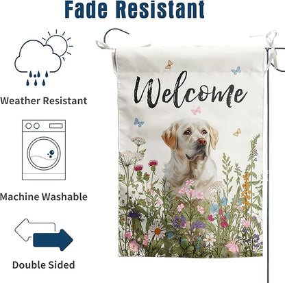 Floral White Lab Garden Flag Spring Summer Yard Flag Flower Dog Labrador Garden Flags for Outside Small Outdoor Welcome Flags 12x18 Double Sided