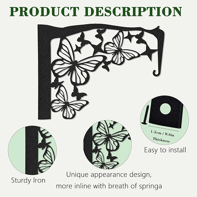 Black Metal Butterfly Plant Wall Hanger Hook for Outdoor Indoor, Hanger Bracket for Blasket Pot Staghorn Fern Bird Feeder Wind Chime, Butterfly Decor for Wall Window Patio Porch Garden Home