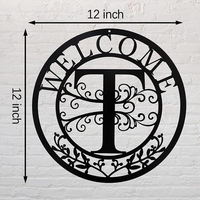 Metal Monogrammed Initial Welcome Sign, Metal Letter Wall Art Decor, Name Sign for Home Porch Front Door Outdoor (T)