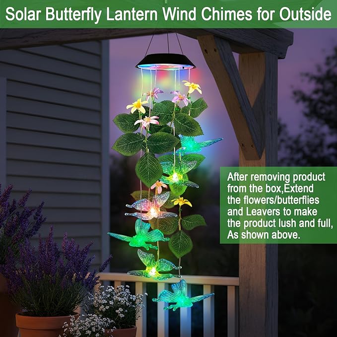 Butterfly Solar Wind Chimes Outside,Color Changing Solar Lights Dangler Mobiles for Outdoor,Hanging Decoraition for Patio,Porch,Yard,Gifts for Women