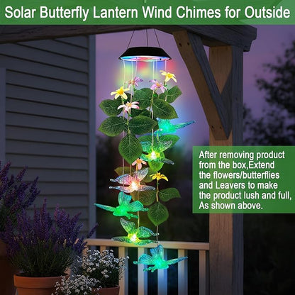 Butterfly Solar Wind Chimes Outside,Color Changing Solar Lights Dangler Mobiles for Outdoor,Hanging Decoraition for Patio,Porch,Yard,Gifts for Women