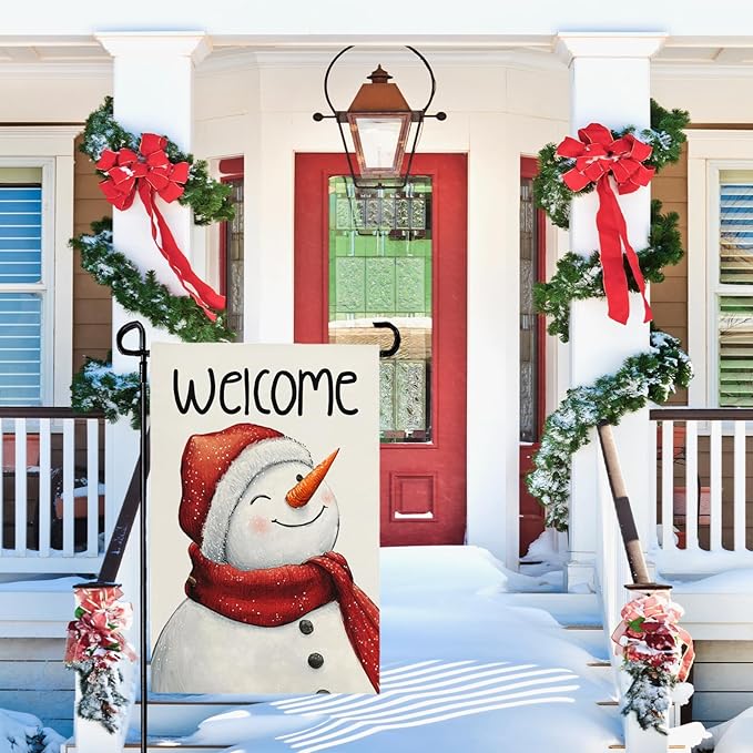 Snowman Winter Welcome Garden Flag 12x18 Inch Double Sided Snowman Holiday Burlap Yard Flags for Outside Small Flag for Outdoor Garden Decoration