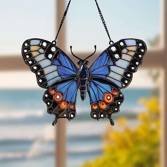 Blue Butterfly Acrylic Suncatcher, Boho Suncatchers for Window Hangings, Stained Glass Effect Indoor Outdoor Garden Decor for Butterfly Lover, Gifts for Mother's Day, Mom, Grandma, Wife, Women