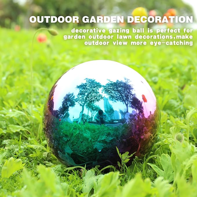 VCUTEKA Gazing Ball, 10" Stainless Steel Mirror Ball Reflective Garden Sphere, Gazing Globe for Home Garden Patio Lawn Outdoor and Indoor Decorative, 1PSC Rainbow