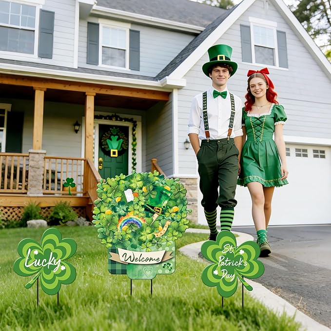 Lawnldyll 3 Pcs Metal St. Patrick's Day Yard Signs with Lucky Shamrocks Happy St. Patrick's Day Hanging Door Decor Welcome Yard Stakes for Irish Holiday Home Patio Lawn Outdoor Indoor Decor