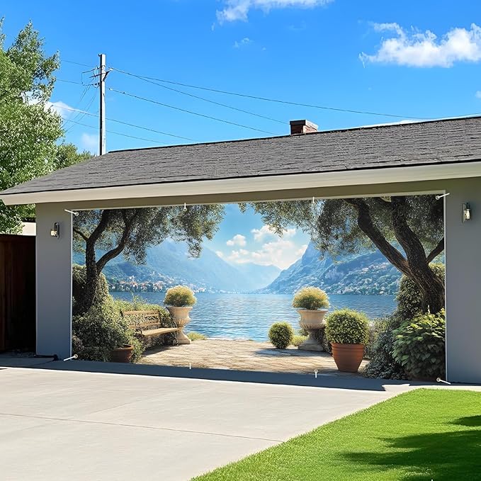ANNA QUEEN Mural Garage Door Banner 6 x 13FT, Mediterranean Lakeside Garden View with Bench and Mountains, Romantic Garden Scenic Backdrop for Patio, Yard, Holiday, Party Decor
