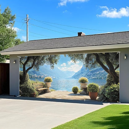ANNA QUEEN Mural Garage Door Banner 6 x 13FT, Mediterranean Lakeside Garden View with Bench and Mountains, Romantic Garden Scenic Backdrop for Patio, Yard, Holiday, Party Decor