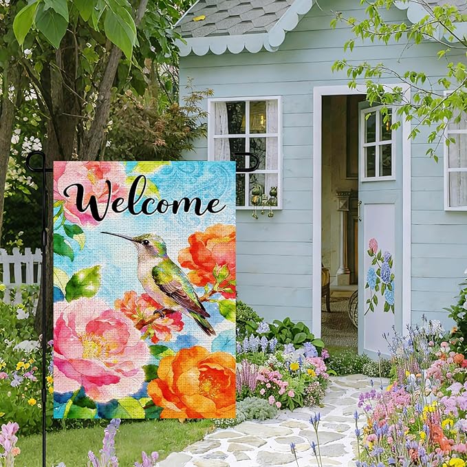 IVN Welcome Hummingbird Garden Flag 12x18 Inch – Colorful Floral Peony Spring Summer Outdoor Flag, Double Sided Burlap Farmhouse Yard Flag for Porch Lawn Patio Decor