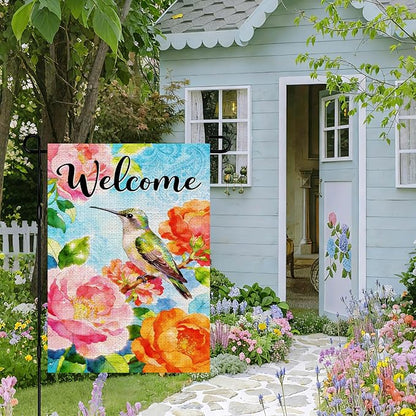 IVN Welcome Hummingbird Garden Flag 12x18 Inch – Colorful Floral Peony Spring Summer Outdoor Flag, Double Sided Burlap Farmhouse Yard Flag for Porch Lawn Patio Decor