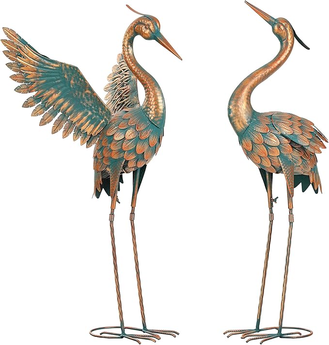 Extra-Large Metal Crane Statue, 36.8" Handcrafted Blue Heron Decor Sculptures with Stable U-Ground Stakes, Backyard Decoration, Metal Garden Bird Animal Yard Art, Lawn Ornament Decor